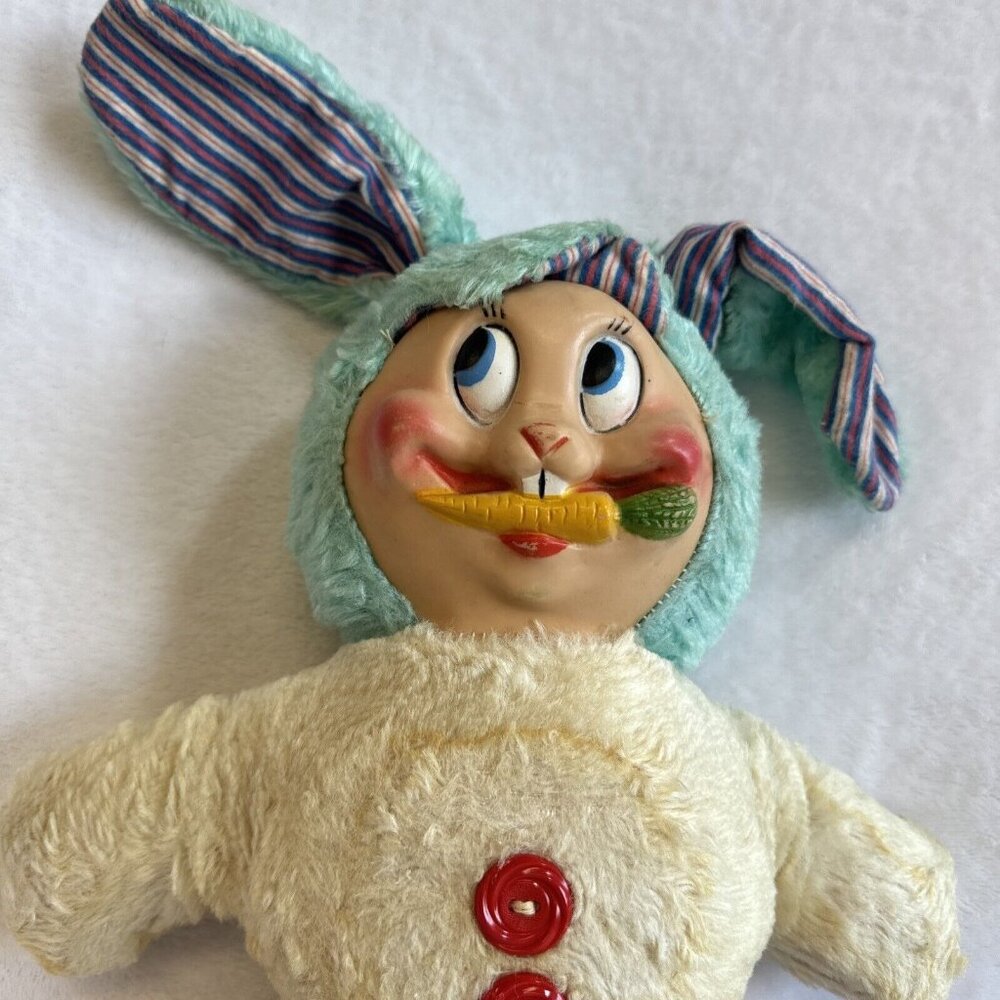 Rubber Face Bunny Rabbit  Plush Toy Vintage‎ 70's Approx 16” w/o Counting Ears